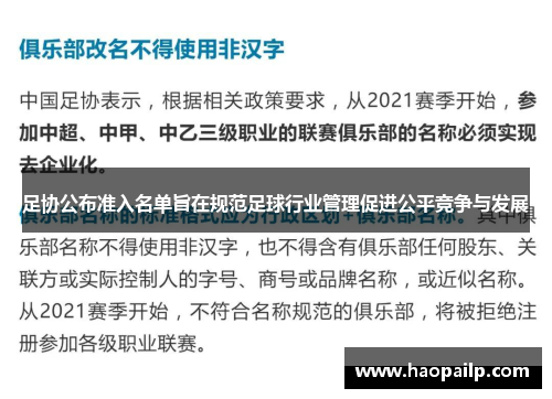 足协公布准入名单旨在规范足球行业管理促进公平竞争与发展